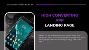A smartphone with multiple app icons displayed on screen, alongside text promoting High Converting App Landing Pages with focus on installs and engagement.