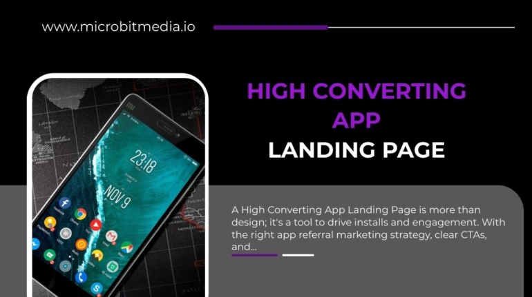 A smartphone with multiple app icons displayed on screen, alongside text promoting High Converting App Landing Pages with focus on installs and engagement.