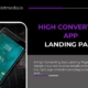 A smartphone with multiple app icons displayed on screen, alongside text promoting High Converting App Landing Pages with focus on installs and engagement.