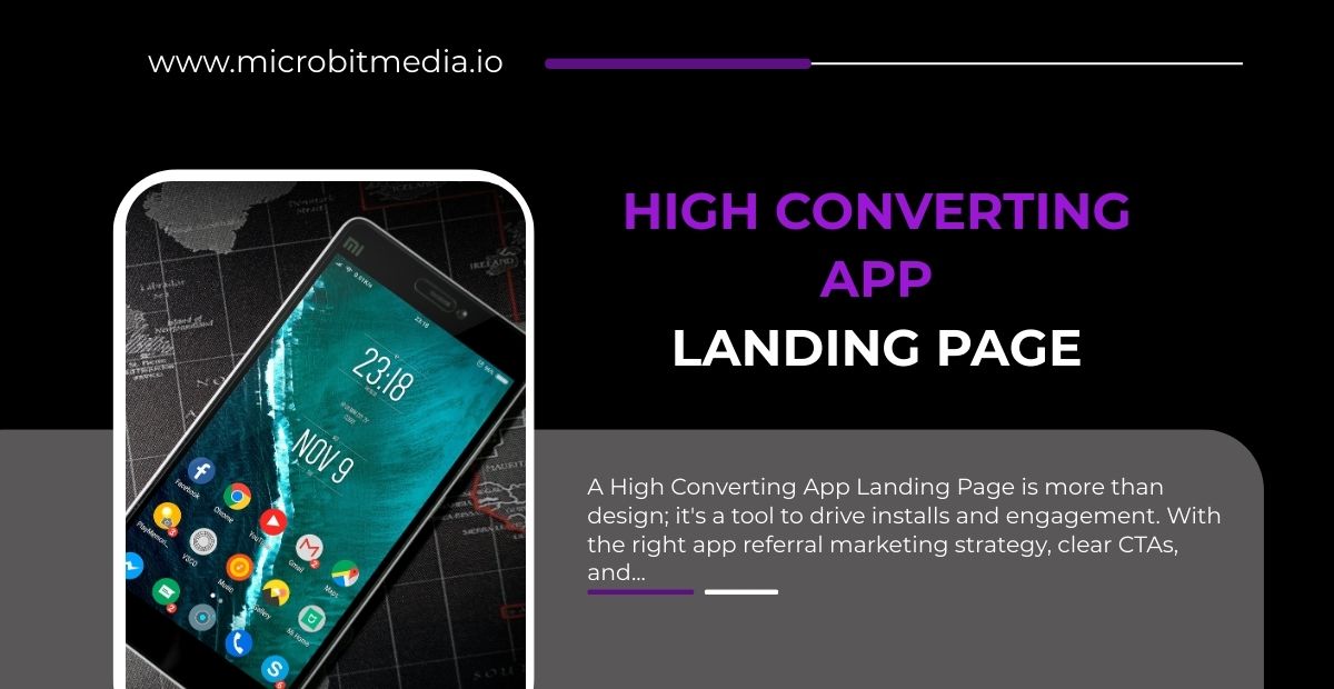 A smartphone with multiple app icons displayed on screen, alongside text promoting High Converting App Landing Pages with focus on installs and engagement.