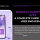 A smartphone with a purple storefront illustration representing online shopping, alongside shopping bags and a cart. Text reads 'Seasonal Marketing for Apps – A Complete Guide to Boost User Engagement.' Black and purple theme