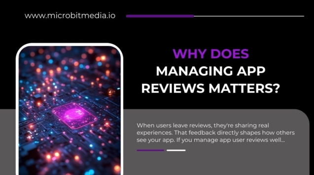 Digital concept background with glowing app chip, accompanied by a heading about managing app reviews from Microbit Media.