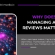Digital concept background with glowing app chip, accompanied by a heading about managing app reviews from Microbit Media.