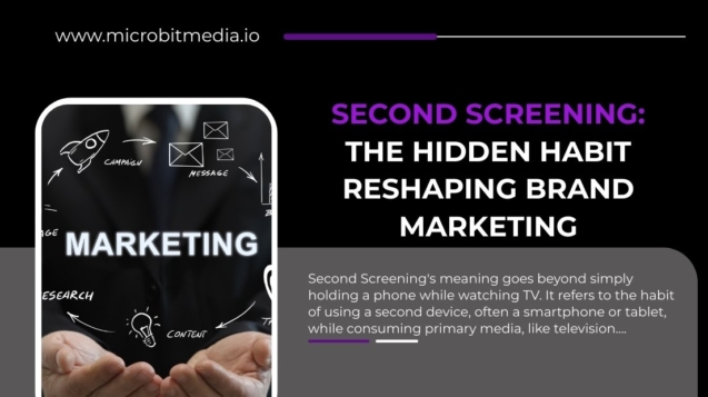 Blog banner with the title “Second Screening: The Hidden Habit Reshaping Brand Marketing” featuring a smartphone outline with marketing icons and text.