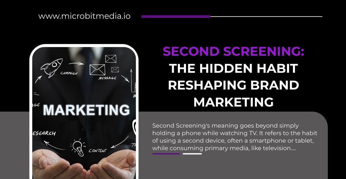 Blog banner with the title “Second Screening: The Hidden Habit Reshaping Brand Marketing” featuring a smartphone outline with marketing icons and text.