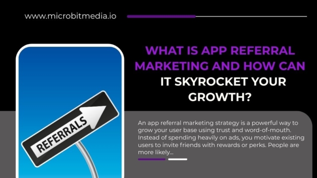 Banner with text “What is App Referral Marketing and How Can It Skyrocket Your Growth?” showing a referrals signboard and marketing explanation.