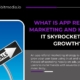Banner with text “What is App Referral Marketing and How Can It Skyrocket Your Growth?” showing a referrals signboard and marketing explanation.