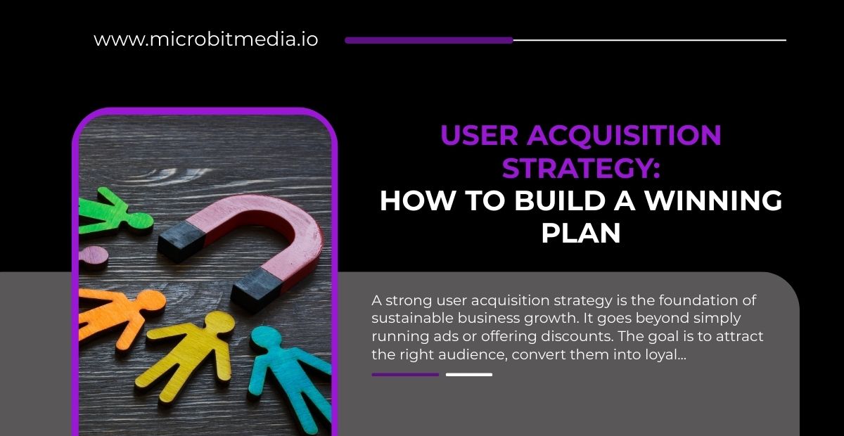 User acquisition strategy graphic showing strategic plan button and guide on building a winning plan for business growth