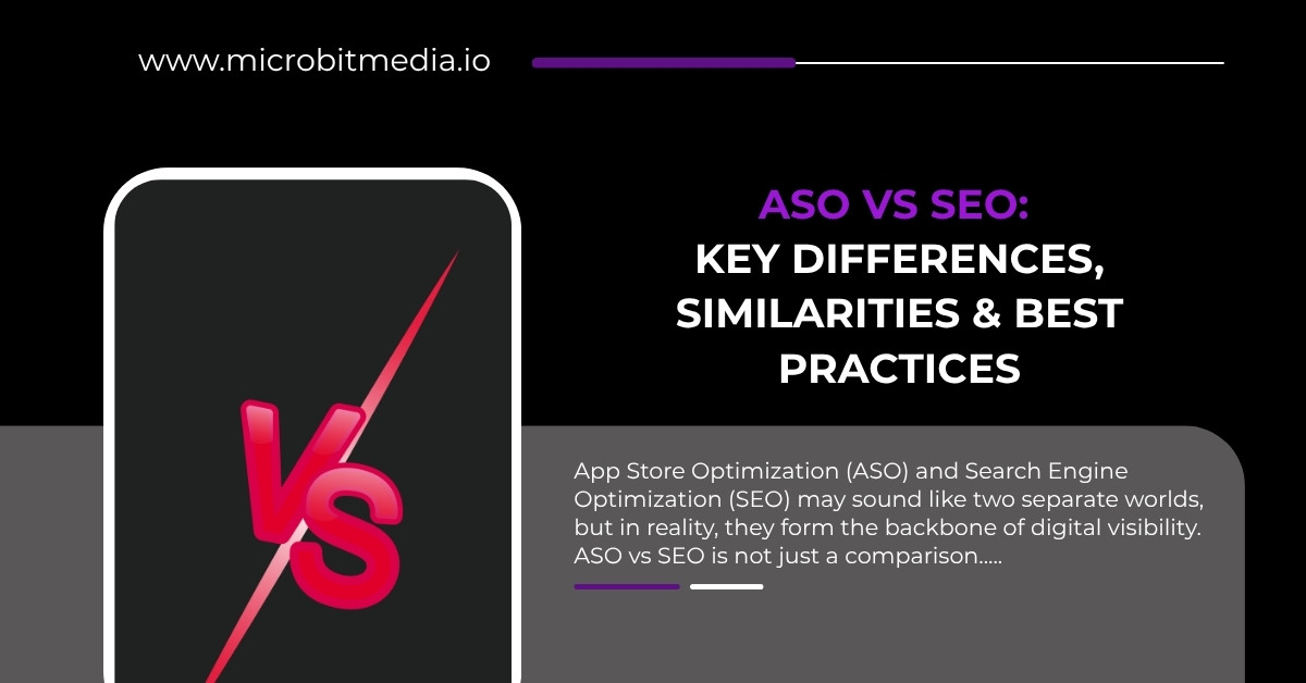 ASO vs SEO comparison graphic with bold VS symbol and text highlighting key differences, similarities, and best practices in digital optimization.