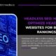 Headless SEO infographic displaying optimization concepts with a digital blue SEO interface and headline explaining how to optimize headless websites for better rankings, branded by MicrobitMedia.