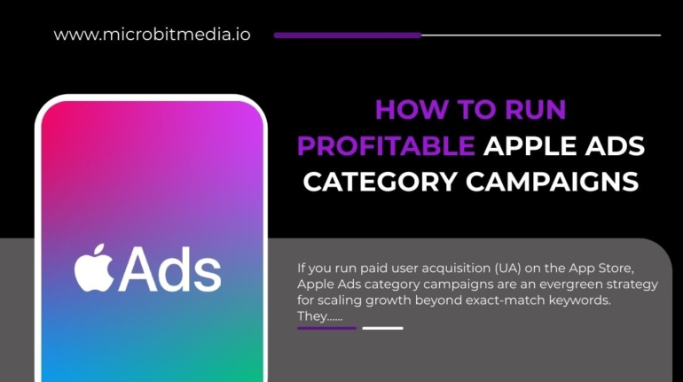 Infographic titled “How to Run Profitable Apple Ads Category Campaigns” featuring the Apple Ads icon on a gradient background and marketing strategy text by MicrobitMedia.