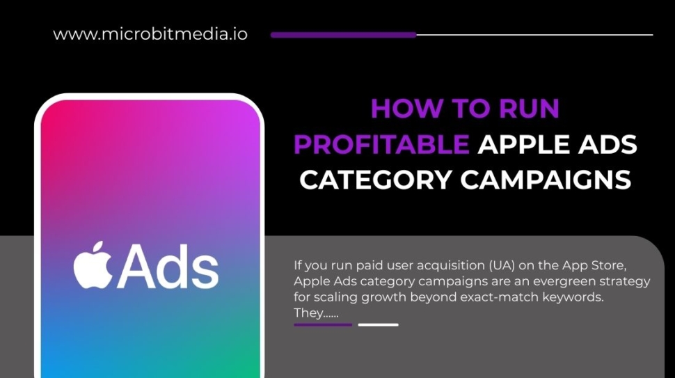 Infographic titled “How to Run Profitable Apple Ads Category Campaigns” featuring the Apple Ads icon on a gradient background and marketing strategy text by MicrobitMedia.