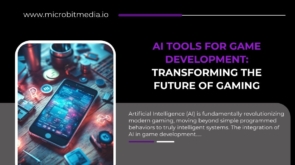 AI tools for game development infographic showing a smartphone with glowing futuristic icons and tech elements, highlighting how AI is transforming modern gaming.
