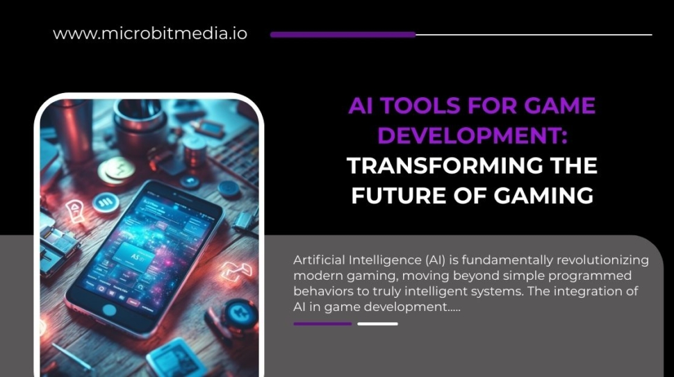 AI tools for game development infographic showing a smartphone with glowing futuristic icons and tech elements, highlighting how AI is transforming modern gaming.