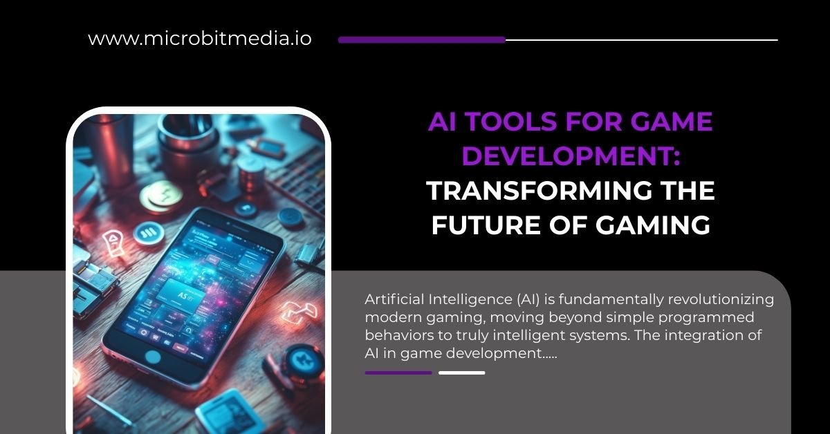 AI tools for game development infographic showing a smartphone with glowing futuristic icons and tech elements, highlighting how AI is transforming modern gaming.