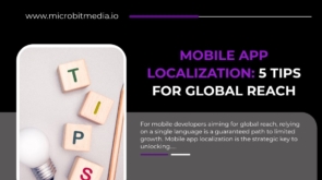 Infographic titled 'Mobile App Localization: 5 Tips for Global Reach' showing wooden blocks spelling TIPS and a lightbulb symbolizing creative strategy.