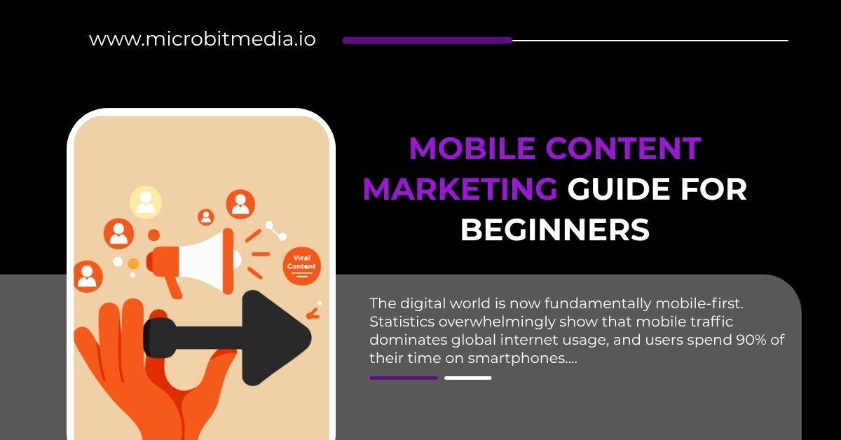 Illustration showing mobile content marketing strategy with icons of megaphone, users, and viral content — representing engagement and reach through smartphones.