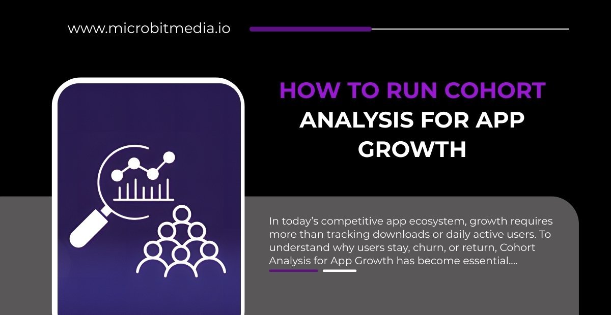 How to Run Cohort Analysis for App Growth graphic by Microbit Media with analytics icon and app user illustration.