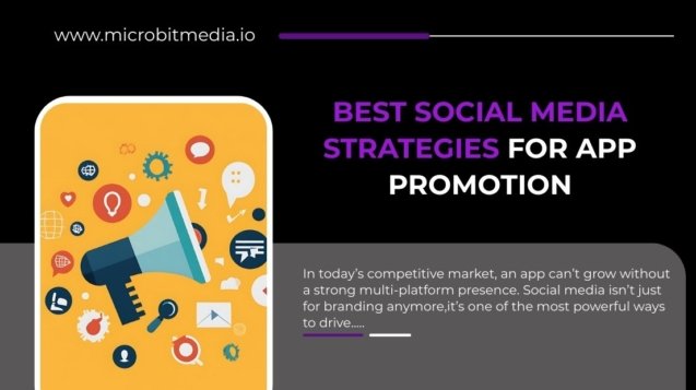 Best social media strategies for app promotion blog cover by Microbit Media featuring app marketing visuals and growth icons