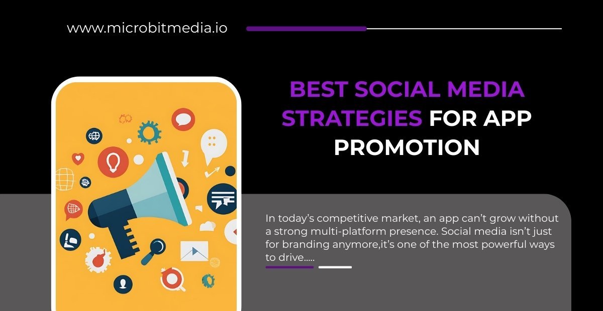 Best social media strategies for app promotion blog cover by Microbit Media featuring app marketing visuals and growth icons