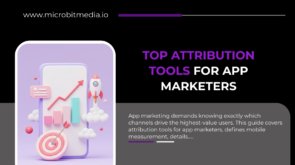 Top attribution tools for app marketers illustrated with mobile analytics dashboard, growth chart, target icon, and rocket symbolizing performance tracking.