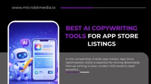 Best AI copywriting tools for app store listings illustrated with AI robot writing app descriptions on a smartphone, representing ASO automation.