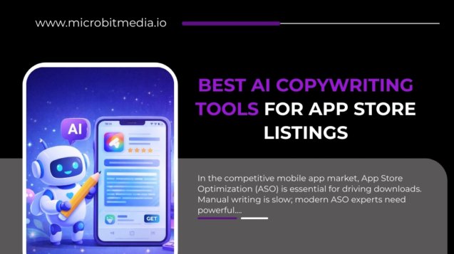 Best AI copywriting tools for app store listings illustrated with AI robot writing app descriptions on a smartphone, representing ASO automation.