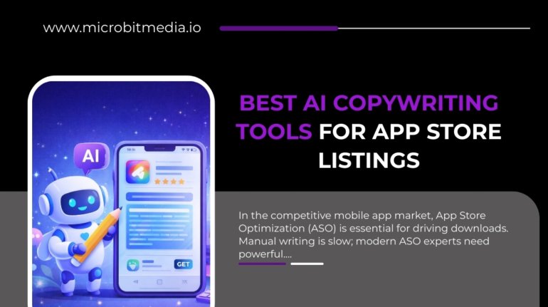 Best AI copywriting tools for app store listings illustrated with AI robot writing app descriptions on a smartphone, representing ASO automation.