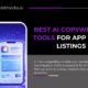 Best AI copywriting tools for app store listings illustrated with AI robot writing app descriptions on a smartphone, representing ASO automation.