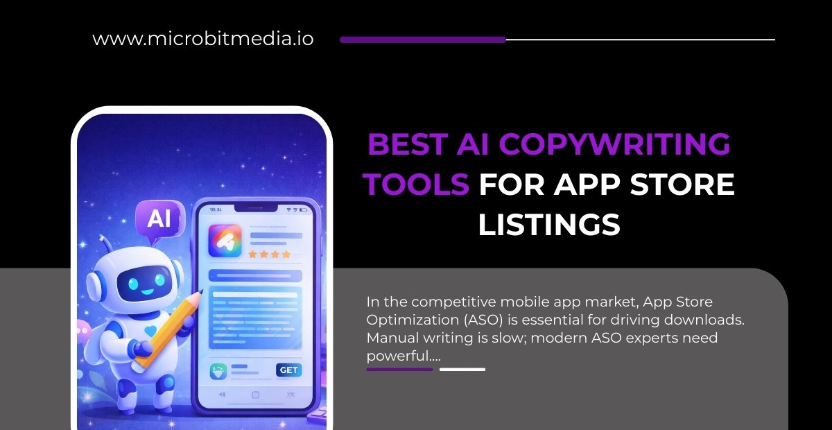Best AI copywriting tools for app store listings illustrated with AI robot writing app descriptions on a smartphone, representing ASO automation.
