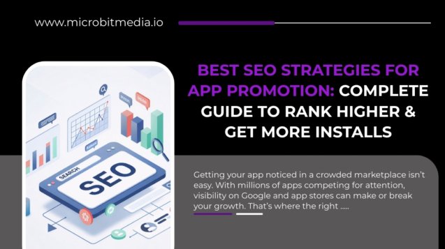 Best SEO Strategies for App Promotion banner showing SEO dashboard, analytics charts, and guide to rank higher and get more app installs.