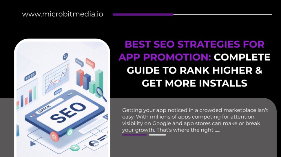 Best SEO Strategies for App Promotion banner showing SEO dashboard, analytics charts, and guide to rank higher and get more app installs.