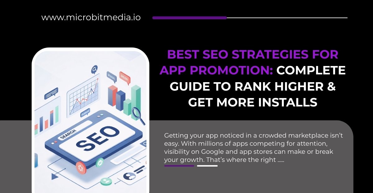 Best SEO Strategies for App Promotion banner showing SEO dashboard, analytics charts, and guide to rank higher and get more app installs.