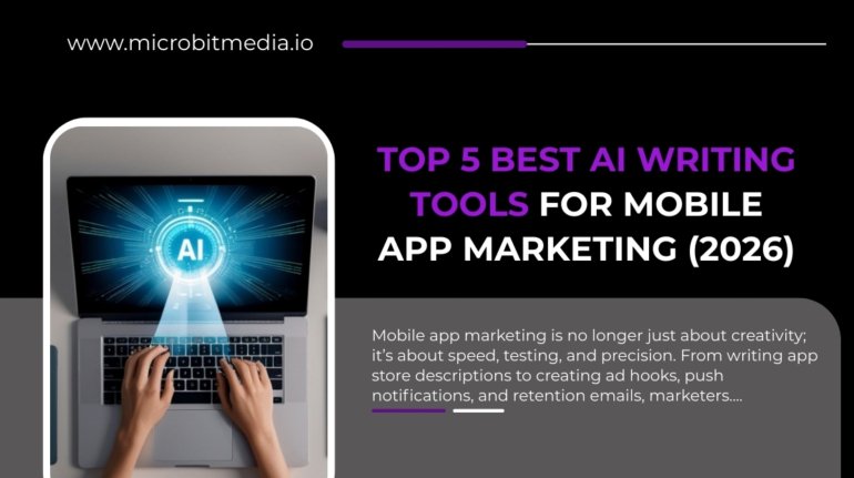 Top 5 best AI writing tools for mobile app marketing illustrated with AI-powered laptop interface, representing faster ASO, ads, and retention copy in 2026.