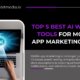 Top 5 best AI writing tools for mobile app marketing illustrated with AI-powered laptop interface, representing faster ASO, ads, and retention copy in 2026.