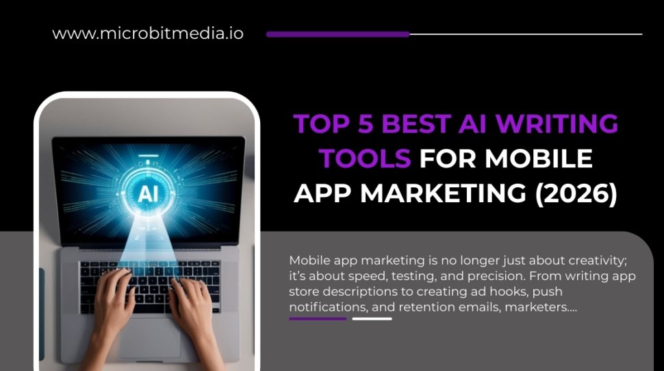 Top 5 best AI writing tools for mobile app marketing illustrated with AI-powered laptop interface, representing faster ASO, ads, and retention copy in 2026.