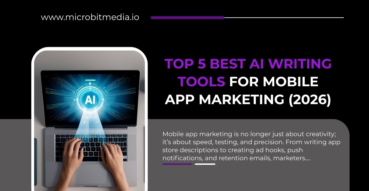 Top 5 best AI writing tools for mobile app marketing illustrated with AI-powered laptop interface, representing faster ASO, ads, and retention copy in 2026.