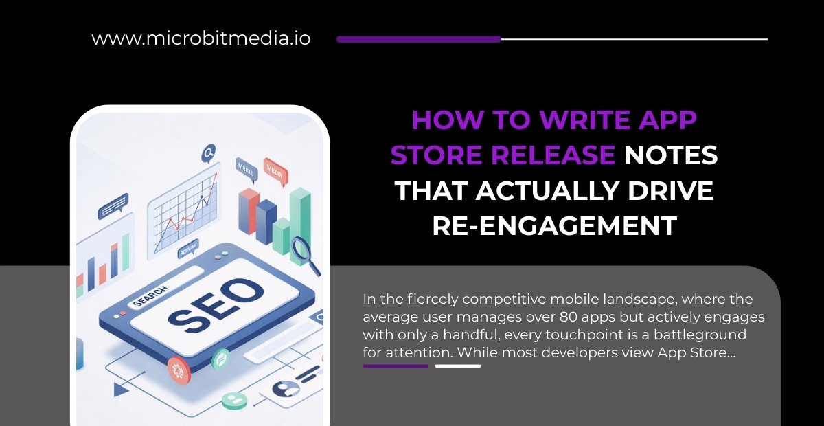 Graphic showing how to write App Store Release Notes that drive re-engagement with SEO analytics illustration and Microbit Media branding.